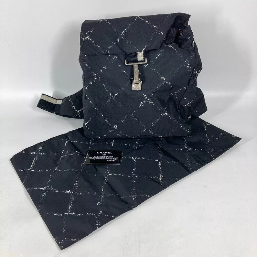 CHANEL Old travel line backpack bag Backpack Nylon Black/White - Picture 2 of 14